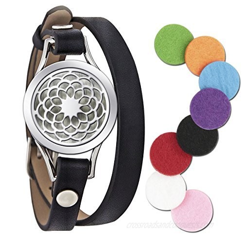 Essential Oil Diffuser Bracelet Aromatherapy Bracelet Jewelry Stainless Steel Locket Leather Band with 8pcs Washable Refill Pads Birthday Gifts for Women Girlfriend Mother Sister Aunt