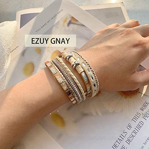 EZUY GNAY Braided Leather Multilayer Bracelet Ladies Boho Wrap Black Bracelets Handmade Jewelry Magnetic Closure Gift for Women