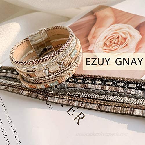 EZUY GNAY Braided Leather Multilayer Bracelet Ladies Boho Wrap Black Bracelets Handmade Jewelry Magnetic Closure Gift for Women