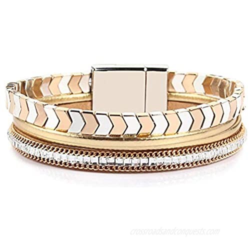 FANCY SHINY Hematite Leather Wrap Bracelets Beaded Healing Stone Cuff Bracelet Rhinestone Boho Jewelry Gift for Women with Magnetic Clasp