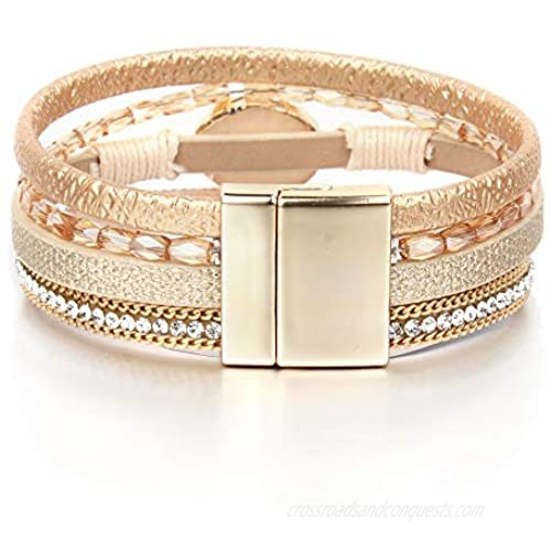 FANCY SHINY Leather Wrap Bracelet Boho Cuff Bracelets Crystal Bead Bracelet with Magnetic Clasp Jewelry Gifts for Women Teen Girls