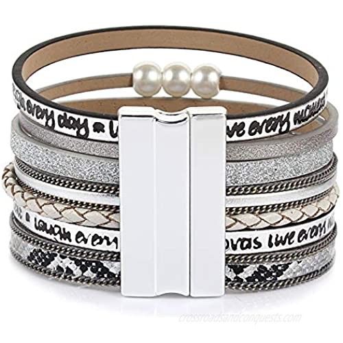FANCY SHINY Tree of Life Leather Wrap Bracelet Inspirational Cuff Bangles Boho Pearl Bracelets with Magnetic Clasp Unique Jewelry Gifts for Women Teen Girls