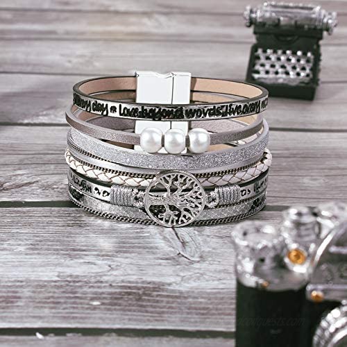 FANCY SHINY Tree of Life Leather Wrap Bracelet Inspirational Cuff Bangles Boho Pearl Bracelets with Magnetic Clasp Unique Jewelry Gifts for Women Teen Girls