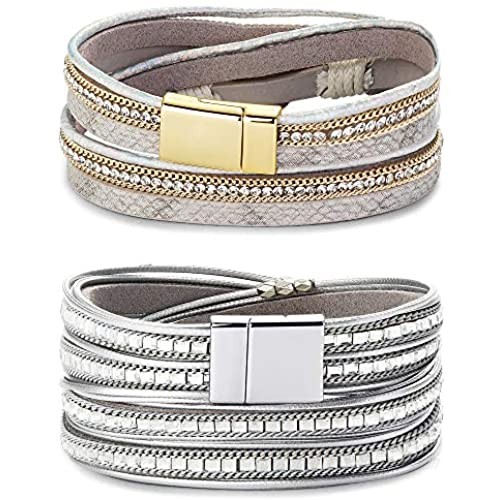 FIBO STEEL Boho Wrap Bracelets for Women Braided Leather Rope Handmade Multi-Layer Cuff Bangle