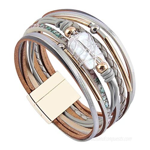 GelConnie Baroque Pearl Leather Cuff Bracelet Multi Strand Wrap Bracelets Magnetic Bohemian Bracelet for Women Wife Sister