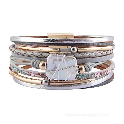 GelConnie Baroque Pearl Leather Cuff Bracelet Multi Strand Wrap Bracelets Magnetic Bohemian Bracelet for Women  Wife  Sister