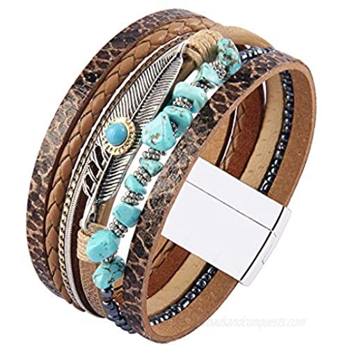 GelConnie Feather Leather Cuff Bracelet Magnetic Multi Strand Bracelet Wrap Bracelet Bohemian Jewelry Gifts for Women Wife Sister