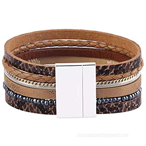 GelConnie Feather Leather Cuff Bracelet Magnetic Multi Strand Bracelet Wrap Bracelet Bohemian Jewelry Gifts for Women Wife Sister