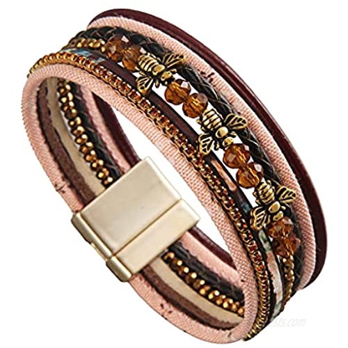 GelConnie Leather Wrap Bracelet Boho Cuff Bracelet Gold Plated Magneitc Multi Strand Bracelet Bohemian Gift for Women Sister Wife