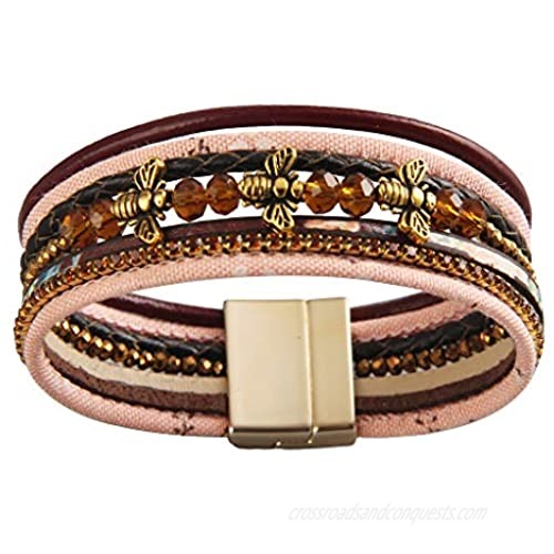GelConnie Leather Wrap Bracelet Boho Cuff Bracelet Gold Plated Magneitc Multi Strand Bracelet Bohemian Gift for Women Sister Wife