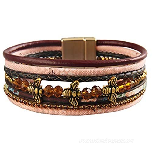 GelConnie Leather Wrap Bracelet Boho Cuff Bracelet Gold Plated Magneitc Multi Strand Bracelet Bohemian Gift for Women  Sister  Wife