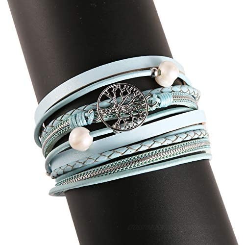 HZMAN Handmade Tree Of Life Natural pearl Leather Cuff Bracelet Magnetic Multi Strand Wrap Bracelet Bohemian Jewelry For Women Wife Sister