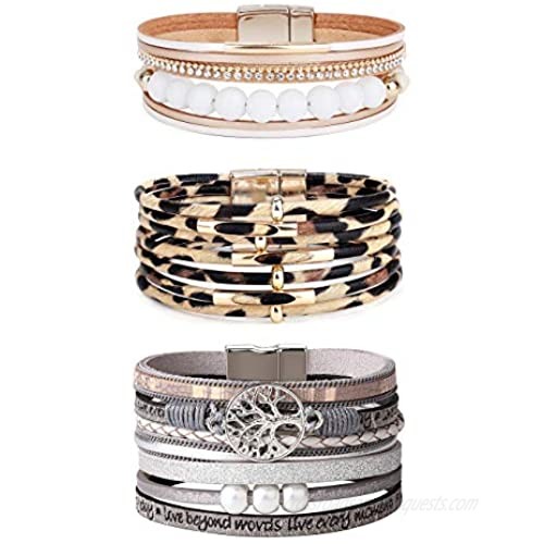 Jstyle 3Pcs Multilayered Leather Cuff Wrap Bracelet Set for Women Bohemian Braided Bangle Pearl Tree of Life Leopard Leather Cuff Bracelet Jewelry Women Gifts