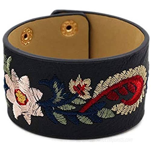 L&N Rainbery Bohemia Embroidery Flower Cuff Bracelet Female Fashion Wide PU Leather Bracelets & Bangles Women Jewelry