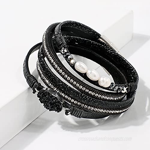 Leather Wrap Bracelet for Women - Handmade Clasp Bangle Bracelet with Pearl Beads Crystal Wristbands Jewelry Gift for Sisters Teen Girls and Mother