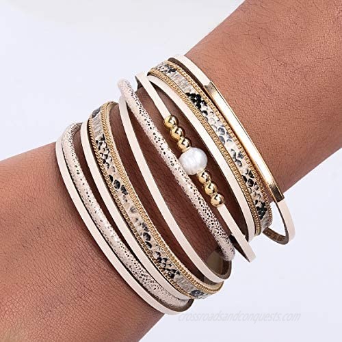 Leather Wrap Bracelets for Women Multilayer Boho Double Wrap Bracelet Marble Beads Boho Wrap Bracelet Magnetic Clasp Cuff Bracelet Bohemian Jewelry Gift for Women