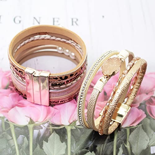 LightOnIt Leather Wrap Bracelet Boho Cuff Bracelets Crystal Bead Bracelet with Magnetic Clasp Jewelry Gifts for Women Teen Girls ( 2pcs )