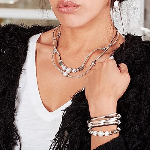 Lizzy James Kristy Silver Bracelet Necklace with Pearls and Silver Beads in Natural Black Leather