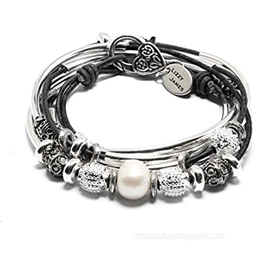 Lizzy James Kristy Silver Bracelet Necklace with Pearls and Silver Beads in Natural Black Leather