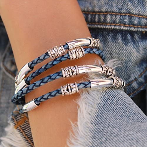 Lizzy James Mini Maxi Silver Plated Braided Leather Wrap Bracelet in Natural Blue Leather