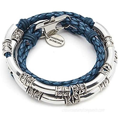 Lizzy James Mini Maxi Silver Plated Braided Leather Wrap Bracelet in Natural Blue Leather