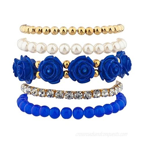 Lux Accessories Blue Rose Floral Flower Pave Crystal Beaded Stretch Arm Candy Bracelet Set