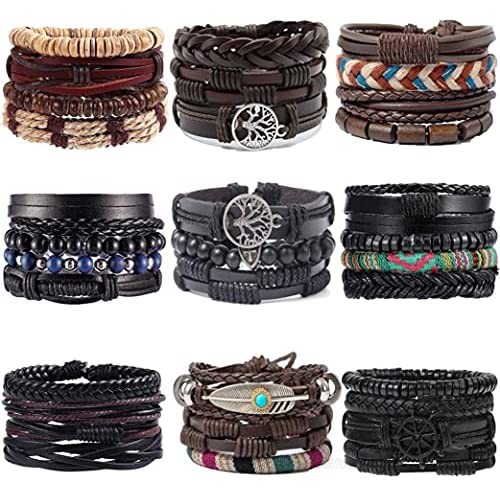 MOZAKA 9 Pack Braided Leather Bracelets for Men Women Wooden Beads Cool Hemp Tribal Wristbands Cuff Punk Viking Bracelets Bulk