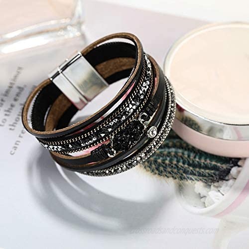 Multilayer Leather Bracelet Handmade Crystal Wrap Bangle with Magnetic Clasp Leather Wrap Bracelet Bohemian Jewelry Gift for Women and Girl