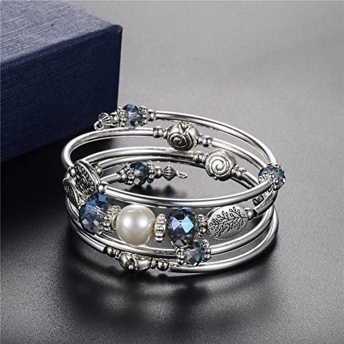 PEARL&CLUB Bead Crystal Wrap Bangle Bracelet - Fashion Jewelry Beaded Bracelet with Silver Metal Gifts for Women