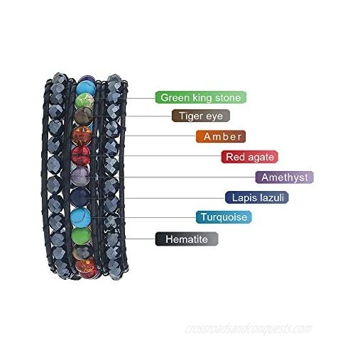 PLTGOOD 3 Wraps Leather Bead Bracelets for Women Men - Bohemian Handmade 7 Chakra Adjustable Yoga Healing Bracelet