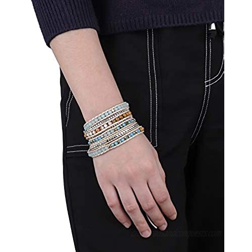 PLTGOOD Handmade 5 Wrap Leather Bead Bracelets for Women Men - Bohemian Variety Natural Crystal Lava Stone Mixed Beaded Strand Bracelet Bangle with Brazilian Agate Collection