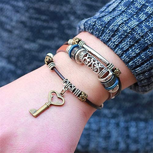 SMALLLOVE Bohemian Leather Bracelets for Men and Women Vintage Punk Alloy Butterfly Key Adjustable Beaded Wrap Multilayer Braided Cuff Bangles Wristband Wrist Decor Bracelet