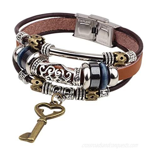 SMALLLOVE Bohemian Leather Bracelets for Men and Women Vintage Punk Alloy Butterfly Key Adjustable Beaded Wrap Multilayer Braided Cuff Bangles Wristband Wrist Decor Bracelet