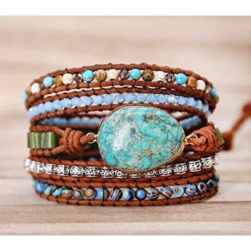 Starto Handmade 5 Wrap Bracelet Natural Jasper Druzy Turquoises Leather Boho Bracelets Jewelry