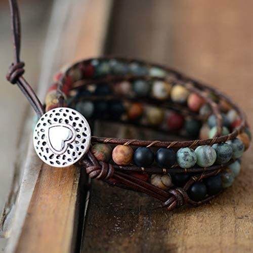 Starto Natural Stone Bracelet Jasper 3 Row Beads Wrap Wrist Statement Boho Bracelet For Women