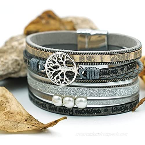 Tree of Life Leather Wrap Bracelet for women Bohemian layered magnetic Clasp Pearl bracelet Gift Jewelry Gifts for Women Teen Girls