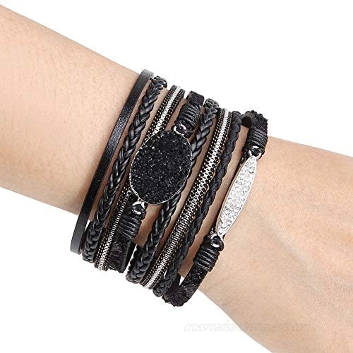 VONRU Leather Cuff Bracelets for Women - Charm Boho Handmade Braid Wrap Bracelets Wristbands Casual Braided Handmade Magnetic Bracelet Cuff Bangle