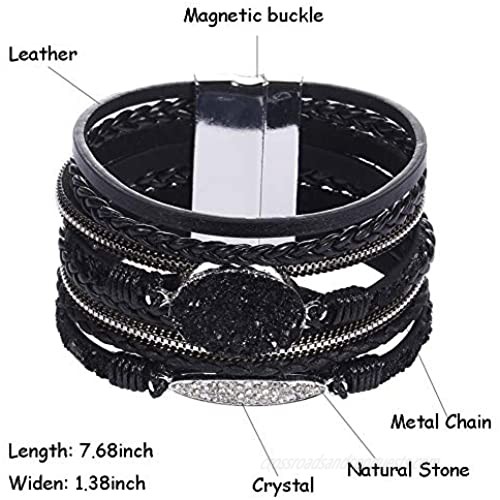 VONRU Leather Cuff Bracelets for Women - Charm Boho Handmade Braid Wrap Bracelets Wristbands Casual Braided Handmade Magnetic Bracelet Cuff Bangle