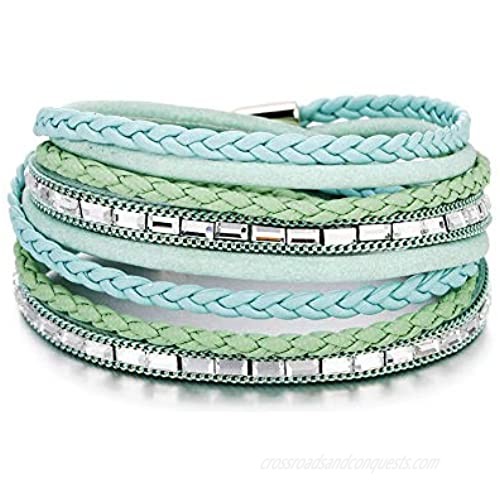VONRU Leather Cuff Bracelets for Women - Charm Boho Handmade Braid Wrap Bracelets Wristbands Casual Braided Handmade Magnetic Bracelet Cuff
