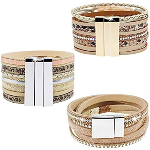 Wowanoo 3Pack Leather Cuff Bracelet Set Multilayer Wrap Bracelet Crystal Feather Tree Bracelet Magnetic Clasp Bracelet for Women