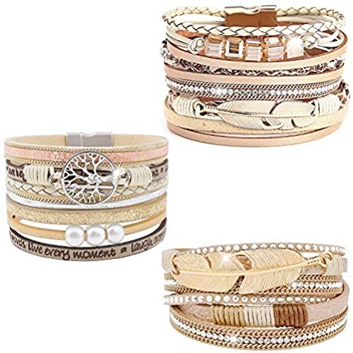 Wowanoo 3Pack Leather Cuff Bracelet Set Multilayer Wrap Bracelet Crystal Feather Tree Bracelet Magnetic Clasp Bracelet for Women