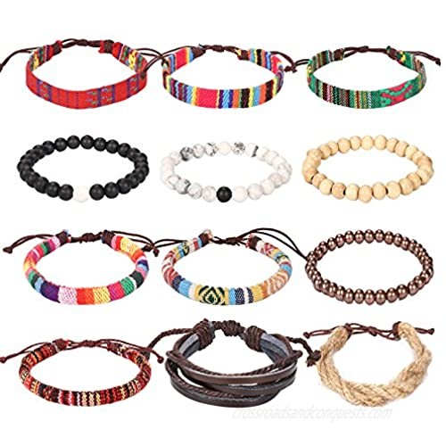 Wrap Bead Braided Tribal Leather Woven Stretch Bracelet - Boho Hemp Linen String Bracelet for Men Women Girls