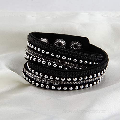 Wrap Leather Bracelet with Bling Bling Crystal Rhinestones and Snap buttons