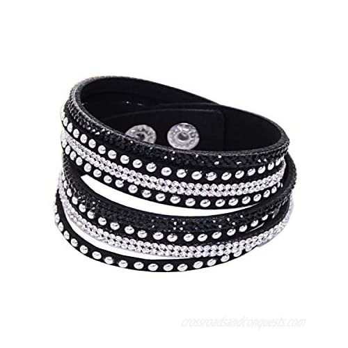 Wrap Leather Bracelet with Bling Bling Crystal Rhinestones and Snap buttons