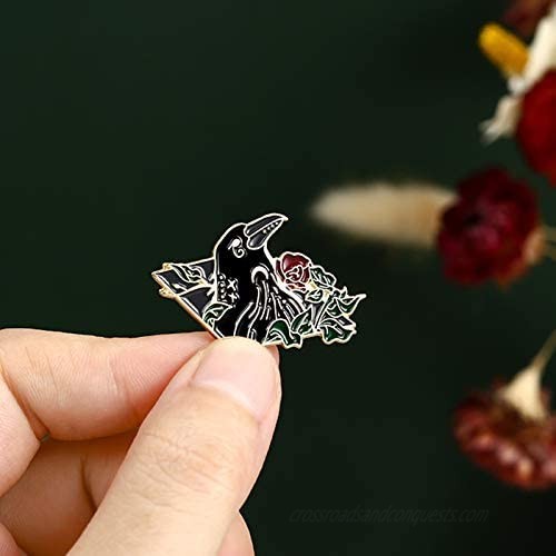 Black Crow Enamel Pins Set Art Rose Moon Lapel Pin Cute Aesthetic Badges for Children Women Backpack Shirt Denim Bag