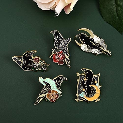 Black Crow Enamel Pins Set Art Rose Moon Lapel Pin Cute Aesthetic Badges for Children Women Backpack Shirt Denim Bag