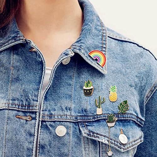 Cute Enamel Lapel Pin Set 6pcs Cartoon Brooch Pin Badges for Clothes Bags Backpacks - Rainbow Cactus Succulent Leaves Pineapple