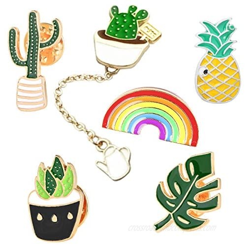 Cute Enamel Lapel Pin Set  6pcs Cartoon Brooch Pin Badges for Clothes Bags Backpacks - Rainbow Cactus Succulent Leaves Pineapple