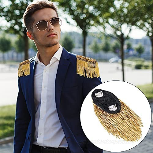 IUASZZ 2 Pieces Tassel Epaulets Metal Fashion Shoulder Jewelry Rhinestones Cloth Accessories Brooches for Women Fixed with Pins 2.2×4in (Gold)