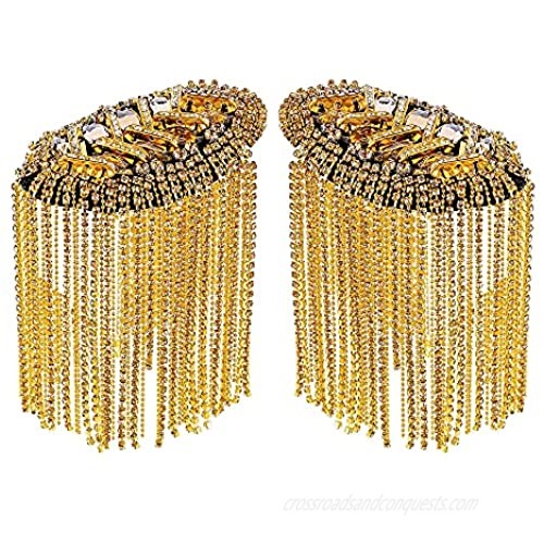 IUASZZ 2 Pieces Tassel Epaulets Metal Fashion Shoulder Jewelry Rhinestones Cloth Accessories Brooches for Women Fixed with Pins  2.2×4in (Gold)